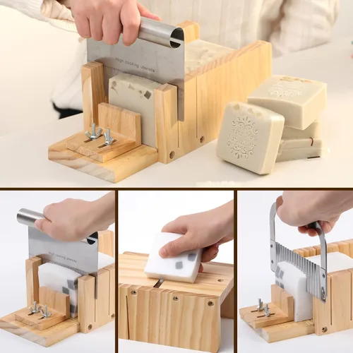 Vista 3 de Kit de fabricación de jabón, molde de silicona para pan de 42 onzas, caja de corte de jabón de madera ajustable multifunción con cortador ondulado