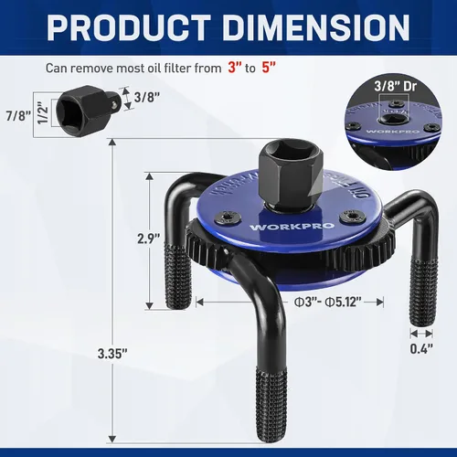 Vista 2 de WORKPRO Llave de filtro de aceite magnética ajustable, herramienta de extracción universal de 3 mandíbulas 3"–5" (76–130mm), diseño de bloqueo