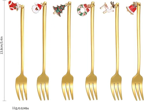 Vista 2 de Juego de cubiertos dorados de Navidad para postre, cubiertos de acero inoxidable, 6 piezas, utensilios de aperitivo con mango de abalorios