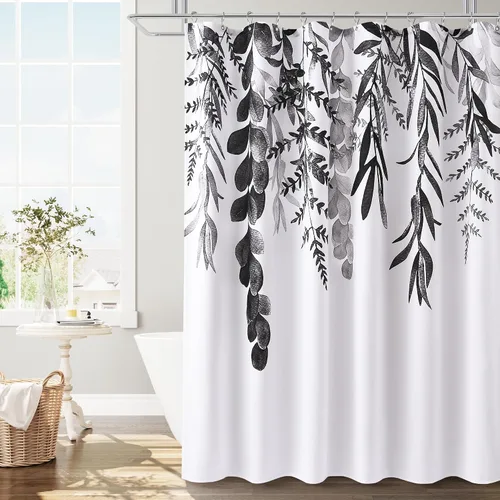 Vista 15 de BOODII Cortinas de ducha negras de 36 x 72 pulgadas, cortina de ducha de eucalipto de primavera para baño, cortina de baño con textura de flameado