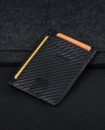 Vista 4 de Buffway - Cartera delgada minimalista de cuero con protección RFID para hombre y mujer, Negro), BW-WL-CF-BL