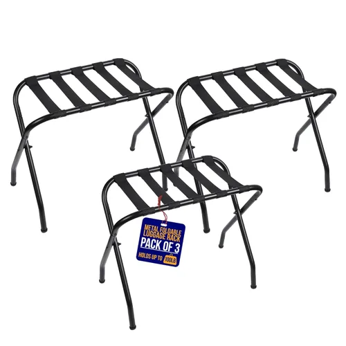 Vista 11 de Lifemaster Portaequipajes de metal – Paquete de 4 soportes plegables, fáciles de montar, ahorro de espacio y elegante marco de acero para maletas