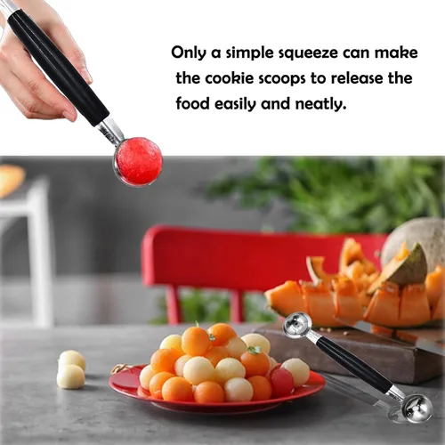 Vista 4 de Paquete de 2 cucharas de bola de helado de fruta de doble extremo, bola de fruta de acero inoxidable 430, bolas de melón redondas lisas para sandía