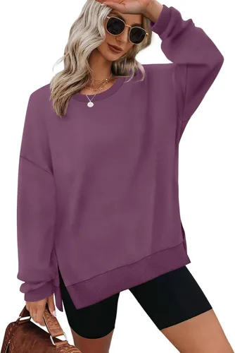 Vista 21 de XIEERDUO Sudaderas de gran tamaño para mujer, estilo casual, cuello redondo, manga larga, cómodas 01-Negro