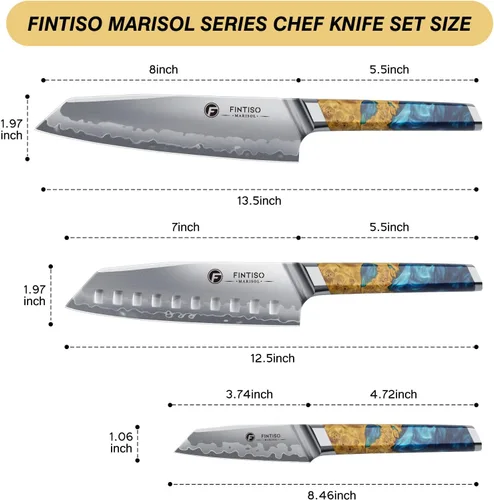 Vista 4 de Juego de cuchillos de cocina de 3 piezas, juego de cuchillos de chef japoneses con núcleo de acero en polvo S35VN, mango de resina y madera, juego