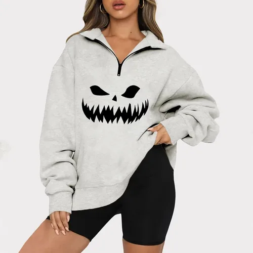 Vista 4 de Sudaderas de Halloween para mujer, casual, a la moda, con estampado de calabaza, manga larga, solapa, con cremallera de un cuarto