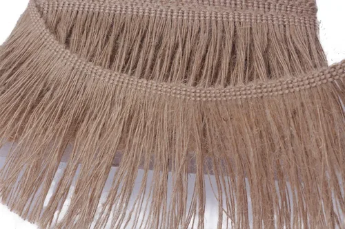 Vista 2 de Borde de arpillera con flecos de yute y borlas, 4 pulgadas de ancho, 5 yardas de largo para accesorios de ropa, vestidos de novia latinos
