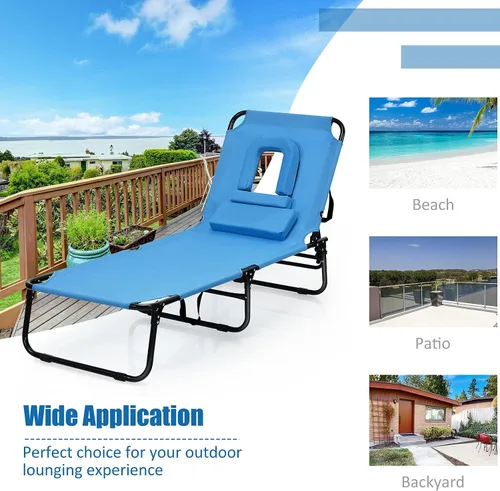 Vista 8 de Sillón plegable de playa con 5 respaldos ajustables y almohada acolchada, tumbona para tomar el sol, silla plana de bronceado para cubierta de Azul