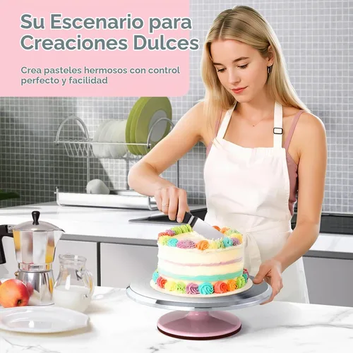 Vista 2 de Ohuhu Tocadiscos para tartas, aluminio de 12 pulgadas, kit de decoración de tartas, suministros giratorios, soporte giratorio con 2 espátulas de Rosa