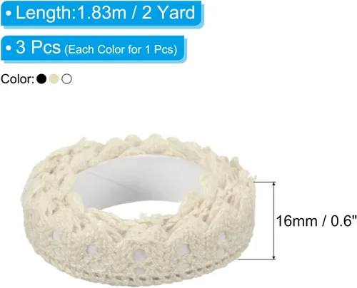 Vista 2 de PATIKIL Cinta de encaje autoadhesiva de 0.6 pulgadas de ancho, 2 yardas, paquete de 3 calcomanías de algodón con ribete washi para manualidades