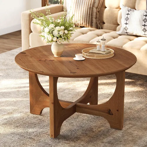 Vista 5 de Mesa de centro de madera maciza de 31.5 pulgadas, mesa central redonda de granja para sala de estar, apartamento, espacio pequeño, color marrón