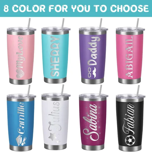 Vista 3 de Vasos personalizados con tapas y pajitas, vasos de acero inoxidable grabados con láser personalizados de 20 onzas con nombre y texto, taza de café