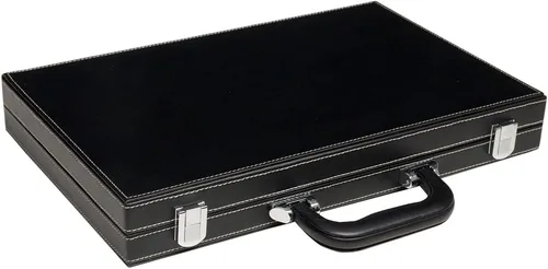 Vista 5 de Juego de backgammon de viaje, cuero sintético, campo de juego de terciopelo, 15 pulgadas, negro/gris