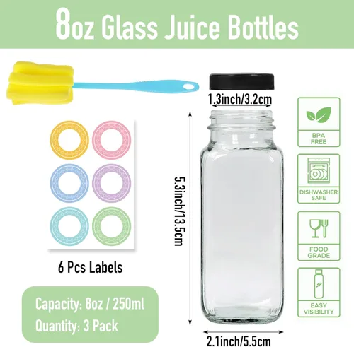 Vista 2 de NEWMIAO 3 paquete de 8 onzas Botellas de jugo de vidrio con tapas, 250 ml Botellas de agua de vidrio reutilizables, recipientes de bebida vacíos