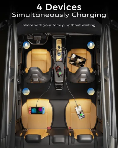 Vista 4 de Cargador de Coche, Cable USB C para iPhone Retráctil Cargador de Teléfono USB C Rápido, Adaptador de Encendedor de Cigarrillos con 2 Cables USBC