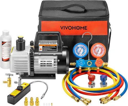 Vista 2 de VIVOHOME Kit de bomba de vacío de aire de paleta giratoria de una sola etapa de 110 V 1/3 HP 4CFM y medidor de colector de CA, báscula