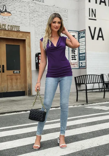 Vista 3 de Zeagoo - Camiseta sin mangas elástica de cuello holgado y fruncido, con drapeado lateral, para mujer