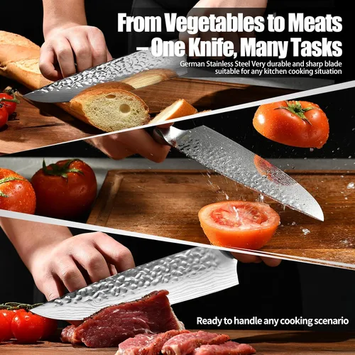 Vista 6 de Cuchillo de chef japonés de acero 7CR13 de 8 pulgadas, mango de madera de Pakka negra con triple remache con proceso de forja extra, regalos