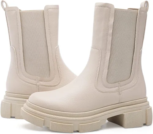 Vista 4 de YETIER Womens Mid Calf Platform Booties Lug Sole Elastic Leather Chelsea Boots Chunky Block Heel Non-Slip Combat Comfortable Booties