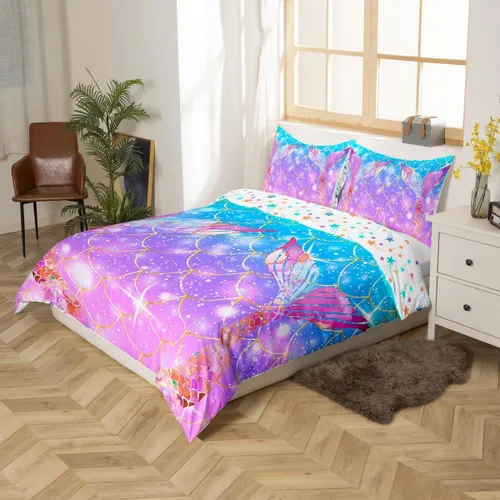 Vista 4 de Erosebridal Funda de edredón con cola de sirena para niñas, funda de edredón con escamas de pez de sirena, juego de ropa de cama de sirena de arco