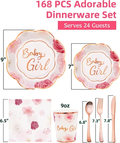Vista 2 de Decoraciones para Baby Shower Girl - Juego de platos, tazas y servilletas para baby shower, sirven 24, platos festoneados florales rosas