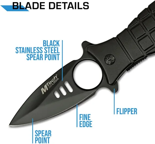 Vista 5 de MTECH USA Cuchillo plegable - Hoja de acero inoxidable negro, mango estilo granada de aluminio negro con abrebotellas y clip de bolsillo, EDC