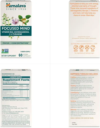 Vista 7 de Himalaya Suplemento mental enfocado, con Ashwagandha, Bacopa y L-teanina para atención, concentración y apoyo energético, 60 cápsulas veganas, sin