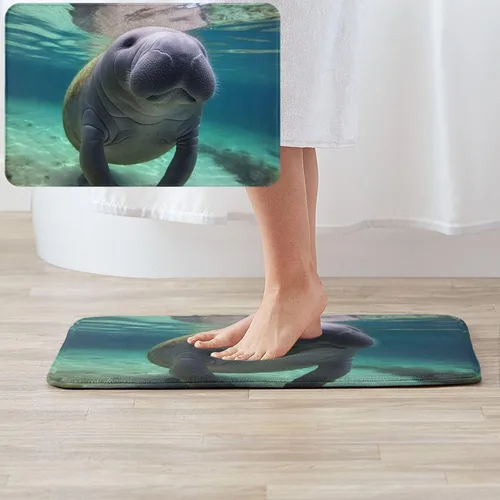 Vista 6 de Tapete para puerta delantera, bonito tapete de bienvenida con estampado de animales marinos y manatíes, absorbente, antideslizante, tapete