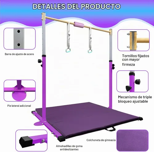 Vista 3 de Adjustable Gymnastics Bar for Kids with Mat - Sturdy Kip Bar with Rings, Horizontal Bar for Home Training, 3'-5' Height, Ages 3-15, 250 LBS Púrpura