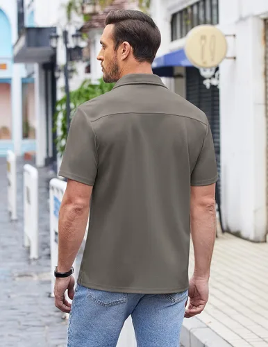Vista 3 de COOFANDY Camisas casuales con botones para hombre, de manga corta, ajuste regular, sin pliegues, de punto, texturizadas