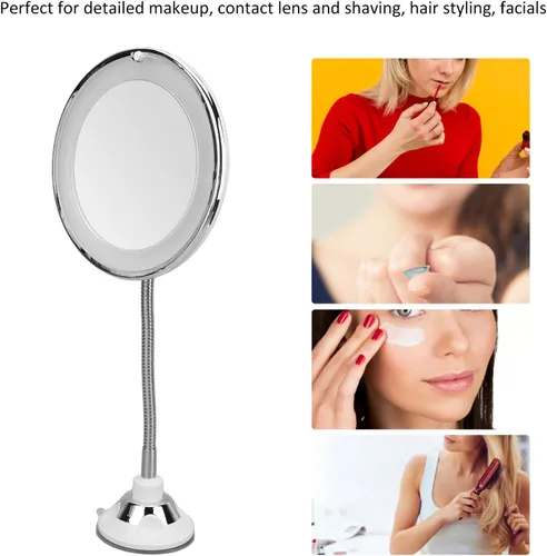 Vista 5 de Espejo de aumento giratorio de 360°, funciona con pilas, aumento de 10X, flexible, inalámbrico, cuello de ganso, luz de relleno LED, ventosa, cuello