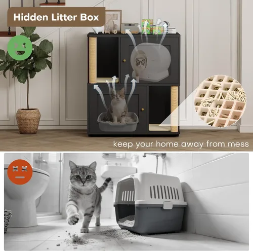 Vista 3 de Caja de arena para gatos para 2 gatos, armario de metal oculto doble con poste rascador para gatos, muebles grandes para baño de mascotas, mesa