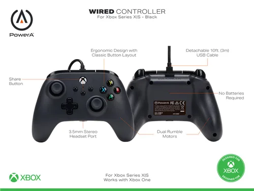 Vista 3 de PowerA Wired Controller for Xbox Series X S - Black, gamepad, wired video game controller, gaming controller, works with Xbox One and Windows 10/11
