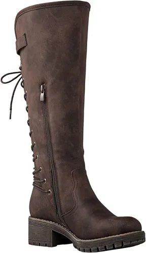 Vista 3 de GLOBALWIN - Botas de combate de equitación altas con cordones para mujer, cómodas botas góticas de motocicleta para mujer con cremallera y tacón