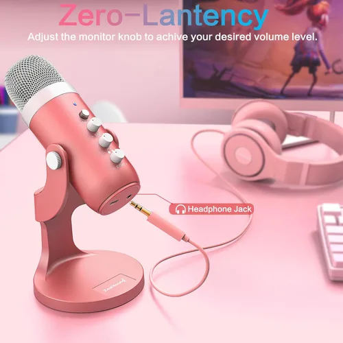 Vista 4 de ZealSound Micrófono de podcast para iPhone, PC y Mac, micrófono USB con cancelación de ruido con control de volumen, silencio y eco, monitoreo