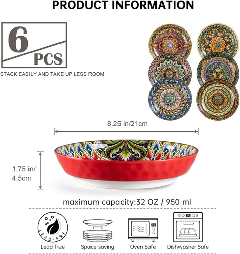Vista 2 de Henten Home Juego de 6 cuencos de porcelana para pasta de 32 onzas, cuencos de cerámica para sopa, cereales, frutas, estilo bohemio, aptos