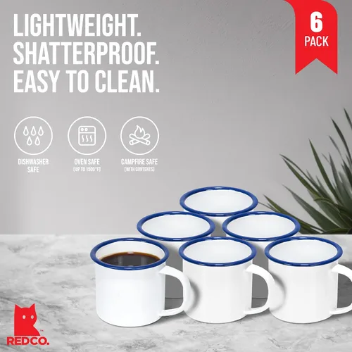 Vista 10 de Red Co. Juego de 6 tazas de café y té redondas de metal esmaltado de 5 onzas con asa, borde blanco sólido y azul marino