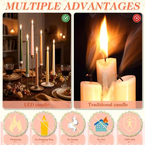 Vista 5 de Baquler 24 velas cónicas sin llama de 11 pulgadas, color rosa y verde, funciona con pilas, velas LED coloridas y parpadeantes de plástico dorado