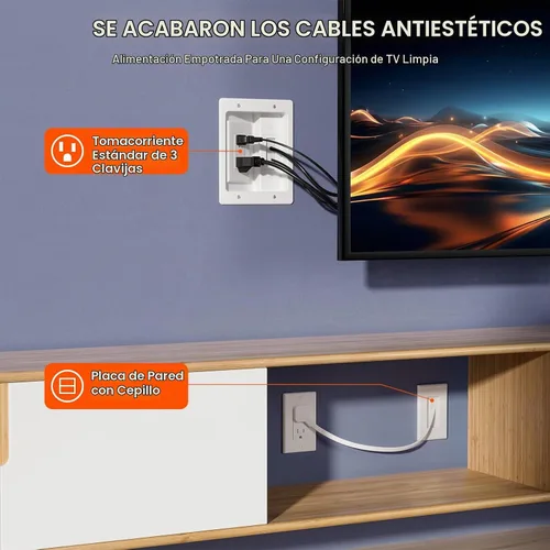 Vista 4 de Kit de organización de cables de pared, kit de pared para ocultar cables de TV con placa de pared de cepillo y cable de 9.8 pies, 2 salidas de CA