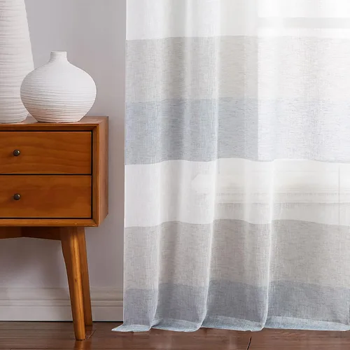 Vista 4 de Vision Home Cortinas traslúcidas a rayas color gris y azul ahumado, paneles de ventana rústicas de lino de 63 pulgadas de largo, cortinas rústicas