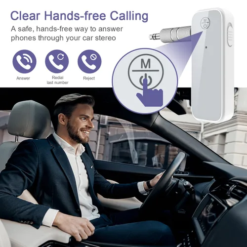 Vista 3 de Adaptador Bluetooth auxiliar para automóvil, receptor transmisor Bluetooth 5.3 2 en 1 para llamadas manos libres, cancelación de ruido Receptor