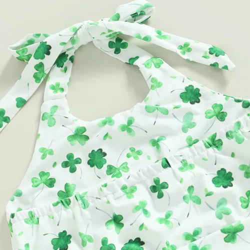 Vista 8 de Conjunto de ropa de verano para niña pequeña, diseño floral, sin mangas, cuello halter, parte inferior acampanada