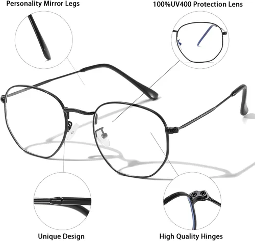 Vista 2 de Lentes hexagonales de metal con bloqueo de luz azul, antifatiga ocular para pantallas digitales, marco ligero para hombres y mujeres