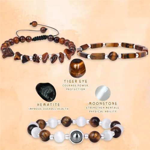 Vista 7 de Juego de pulseras con cuentas de ojo de tigre, hematita de piedra lunar, pulseras adelgazantes para mujeres y hombres, joyería de amatista, 7.5 in