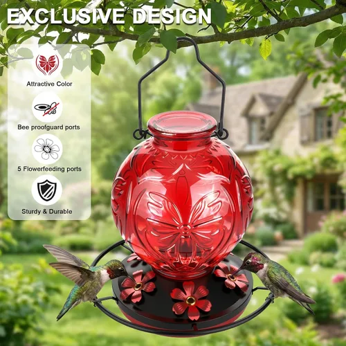 Vista 3 de Comedero de vidrio para colibríes para colgar al aire libre, comedero de néctar de colibrí de 25 onzas con perca y 5 puertos de alimentación de Rojo