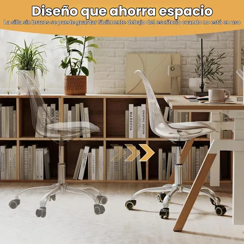 Vista 5 de GIANTEX Juego de 2 sillas de escritorio de acrílico transparente, modernas sillas de oficina en casa con cojín y ruedas de piel sintética, silla