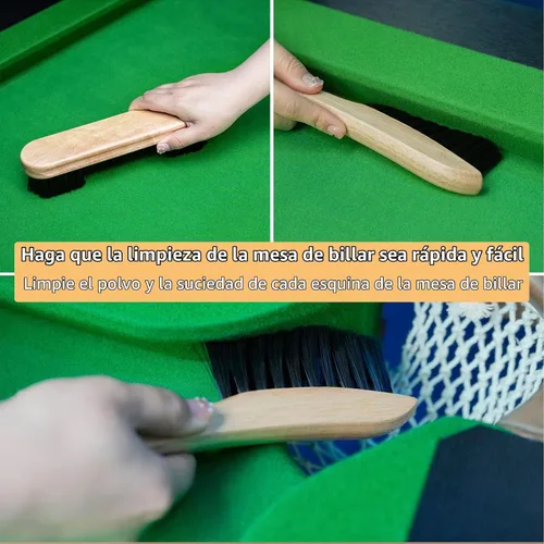 Vista 4 de Juego de 5 cepillos para mesa de billar y riel, accesorios de limpieza de fieltro de billar con 2 cepillos de madera, paño de limpieza de taco, paño