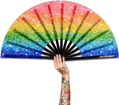 Vista 12 de Abanico para rave con brillo ultravioleta, abanico de mano plegable de bambú para hombres y mujeres (psicodélico espacial, mediano de 11 pulgadas)