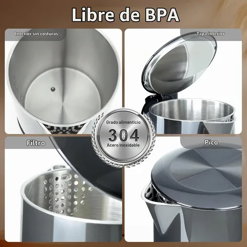 Vista 3 de Hervidor eléctrico 1.7L, interior de acero inoxidable, 1500 vatios Pantalla LED, control de temperatura, mantiene el calor, apagado automático