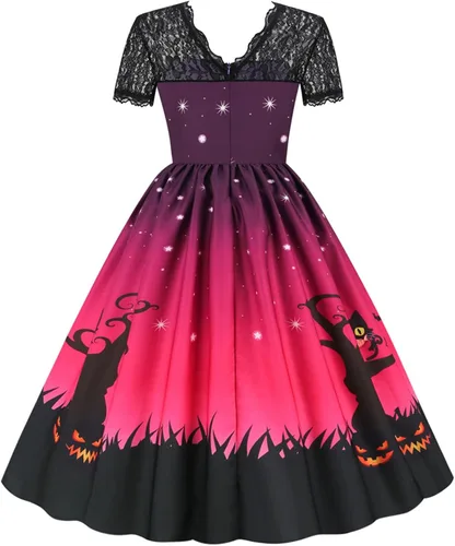 Vista 4 de Vestido de Halloween para mujer 2022 con cuello en V y manga corta con cremallera y panel de encaje